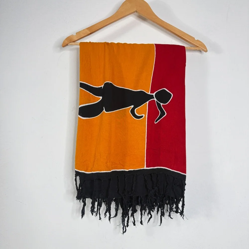 Womens OS Sarong Wrap Scarf Multicolor Batik Dancing Figures Fringe Boho